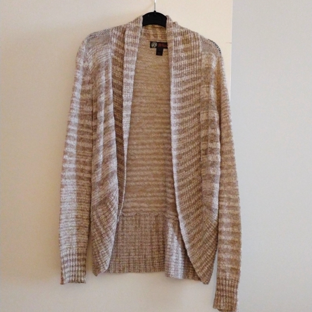 Tan and white open front cardigan